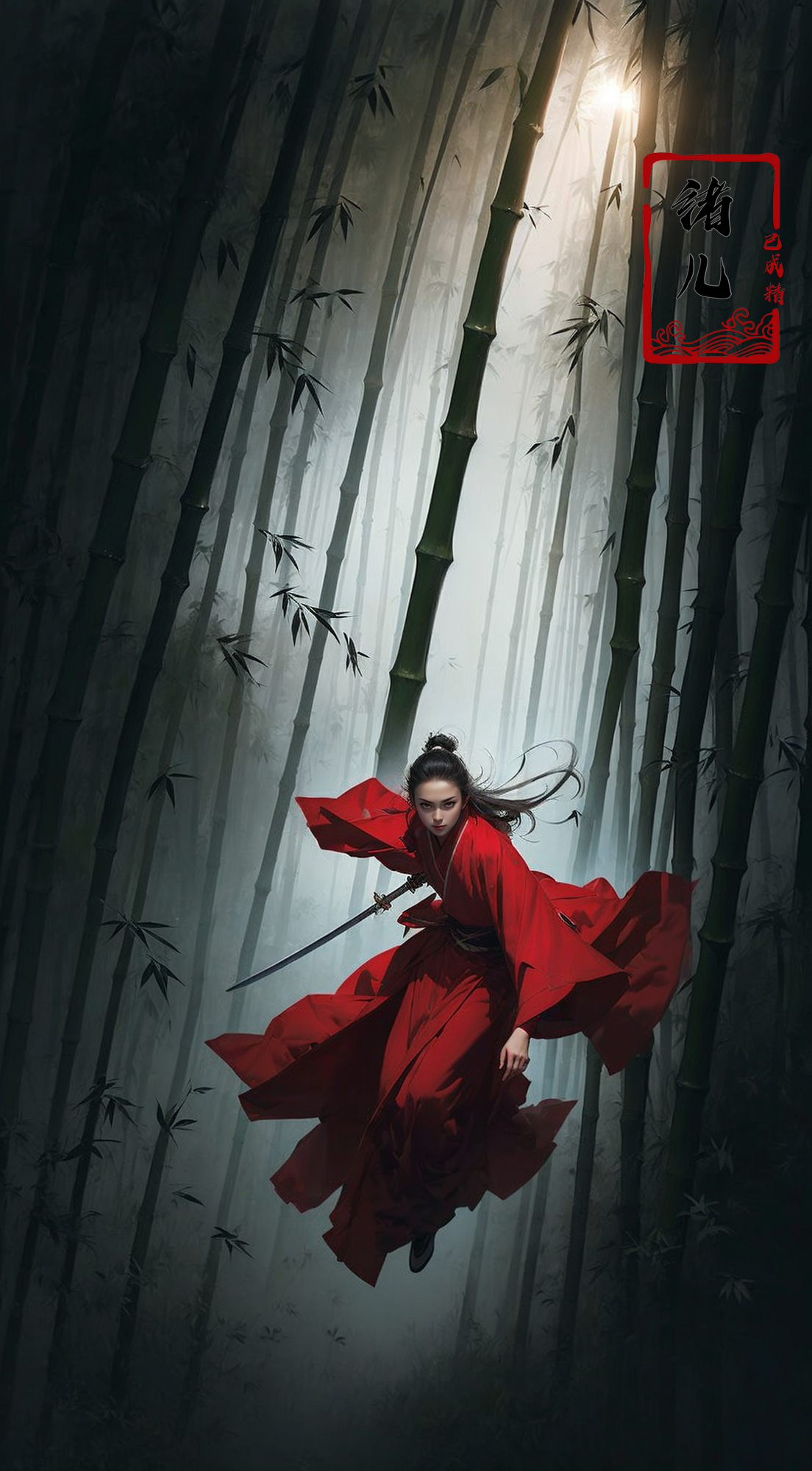 606247209521969140-1423258355-To shoot from above.  ，art by Zao Wou-ki，extreme close - up, focus on face, A woman in red Hanfu, wearing a white transparent ve.jpg